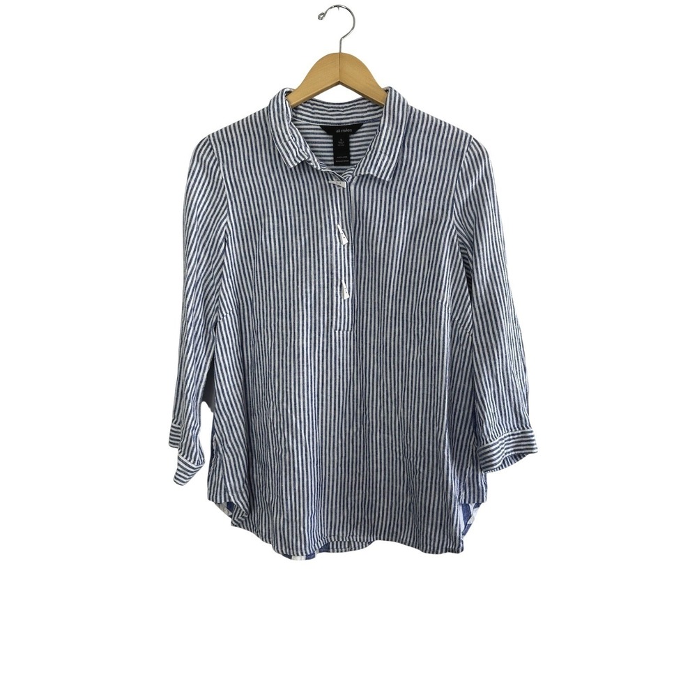 Ali Miles Lagenlook Top Womens S Linen Rayon Button Up Tunic Blue White Striped
